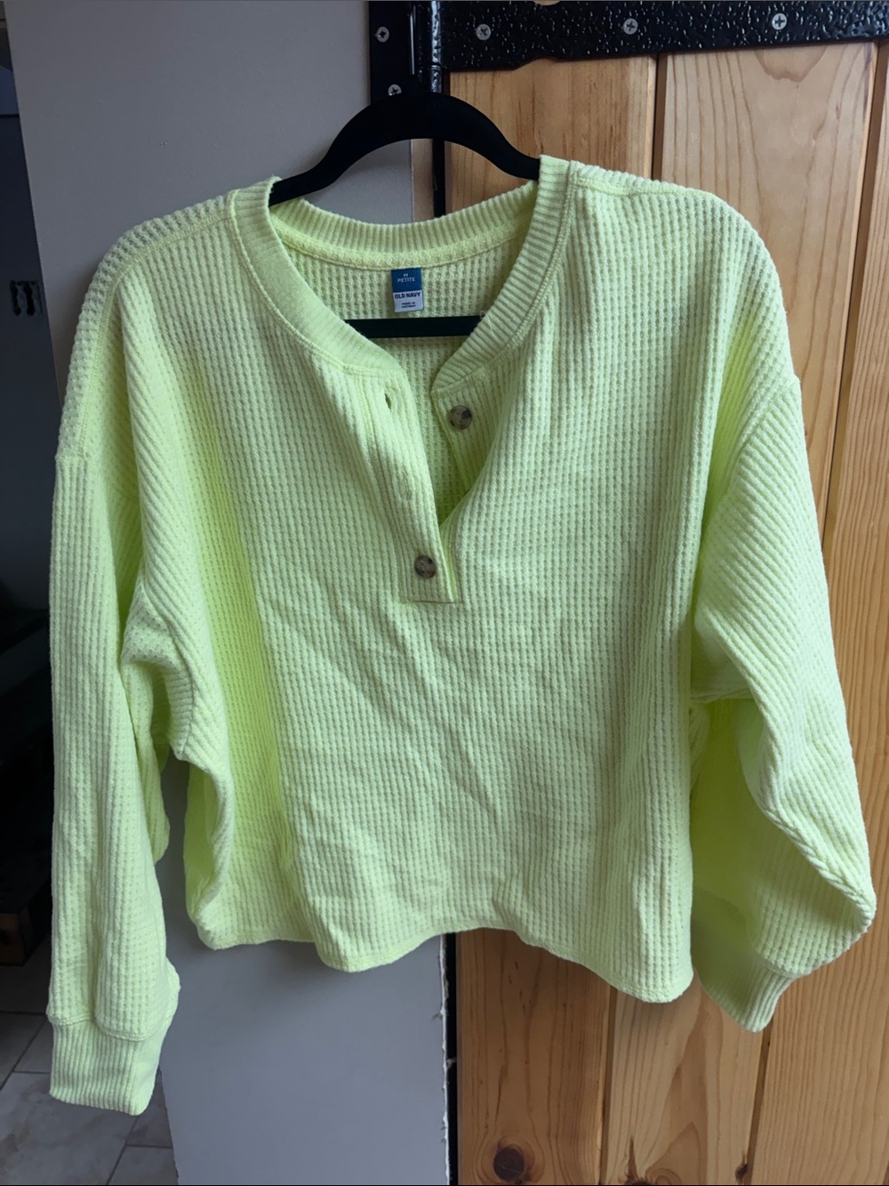 Neon Lime Green  Waffle Knit Henley Pullover
